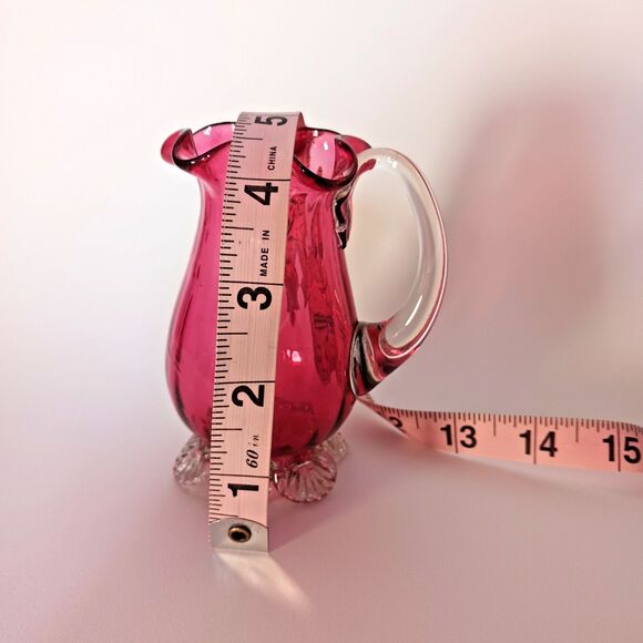 Pilgrim Cranberry Clear Ruffle Footed Glass Creamer Pitcher 4 1/4” Tall Vintage - Picture 2 of 8